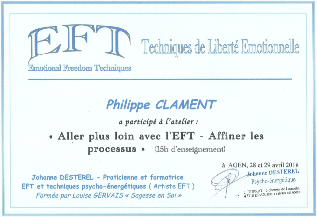 Diplôme Aller plus Loin avc l'EFT - Agen