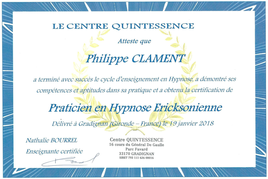 Diplôme de Praticien en Hypnose Ericksonienne - Centre Quintessence